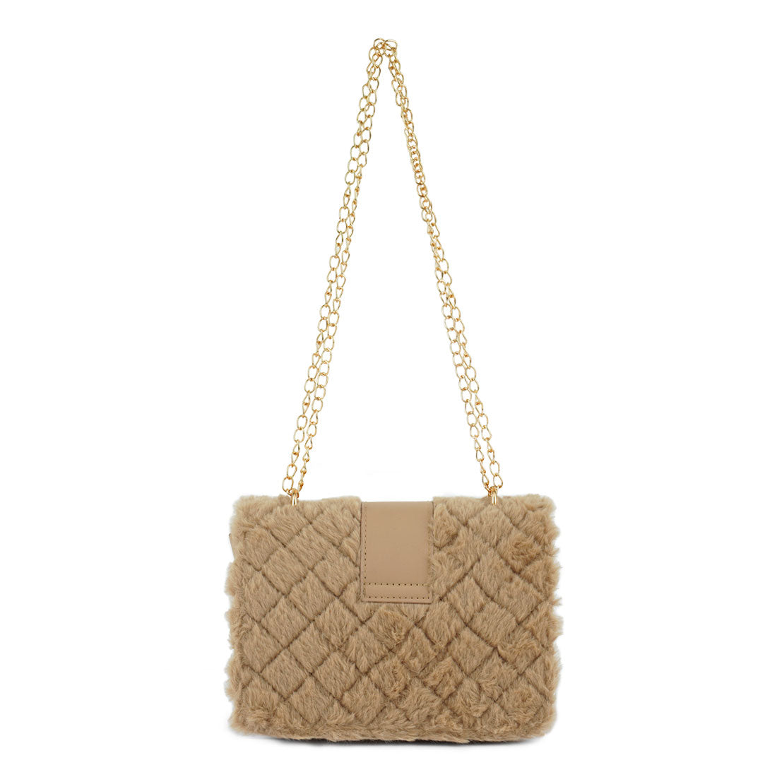 Beige textured handbag with a gold chain on a white background