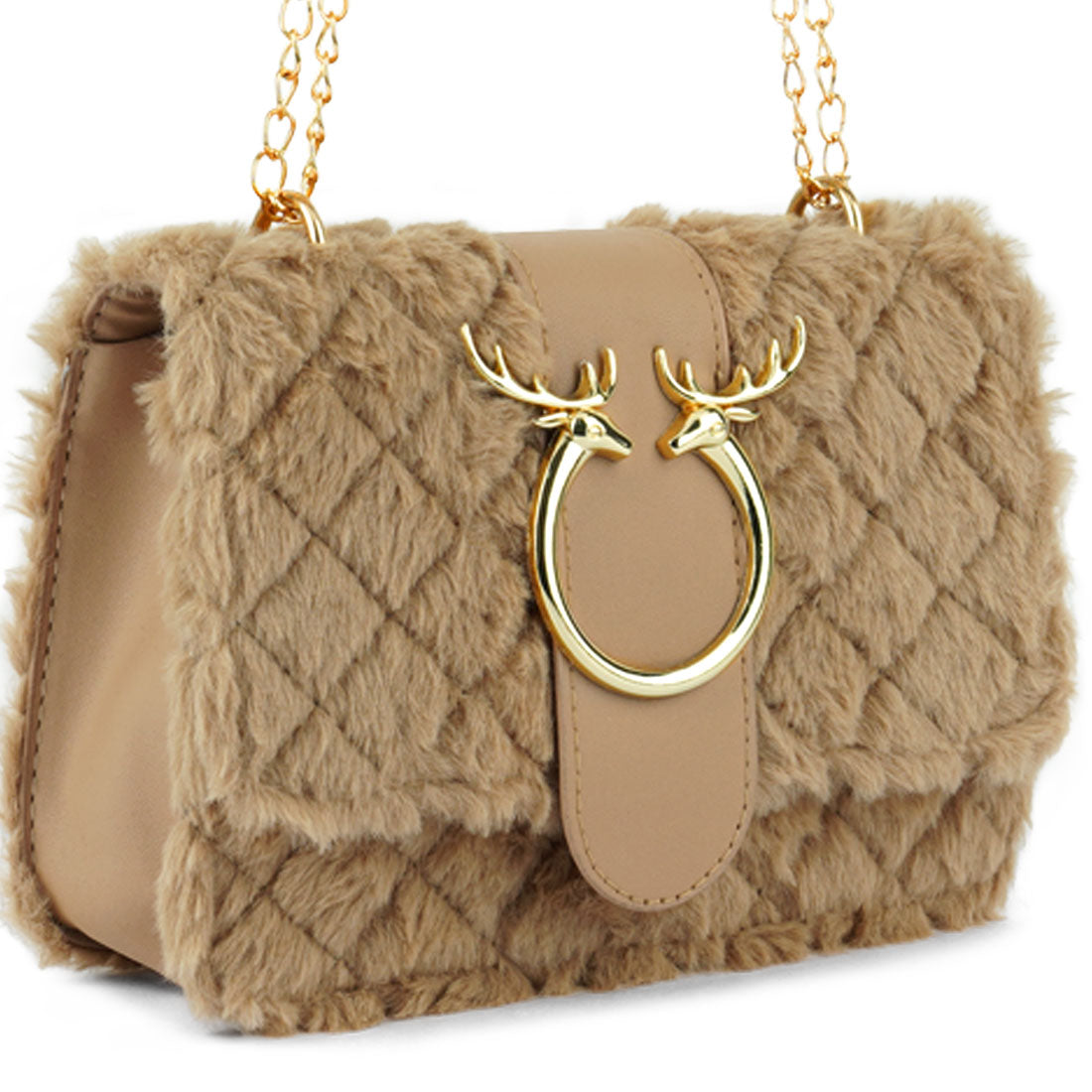 Beige quilted handbag with gold deer head buckle on a white background