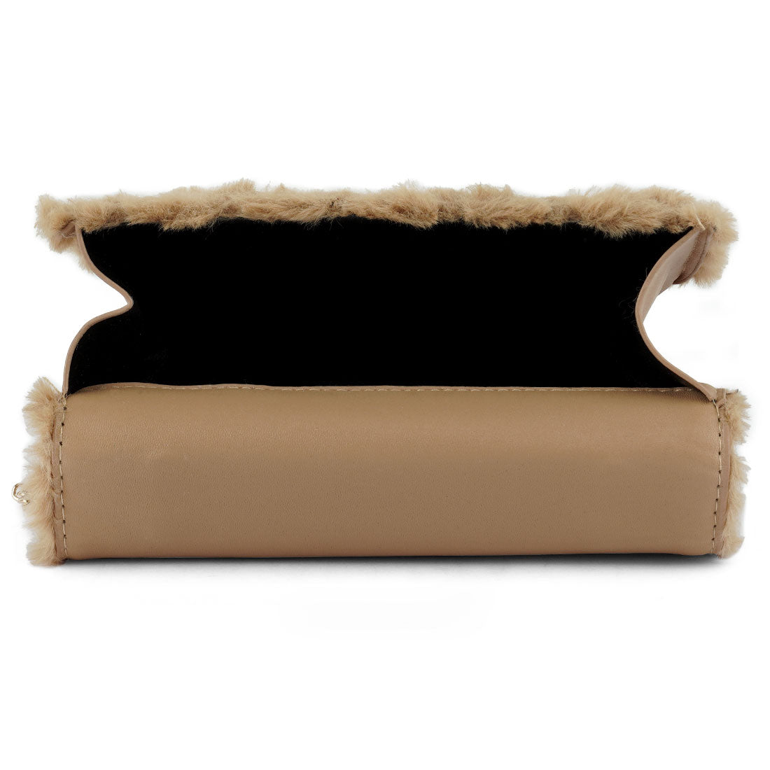 Beige clutch bag with fur trim on a white background