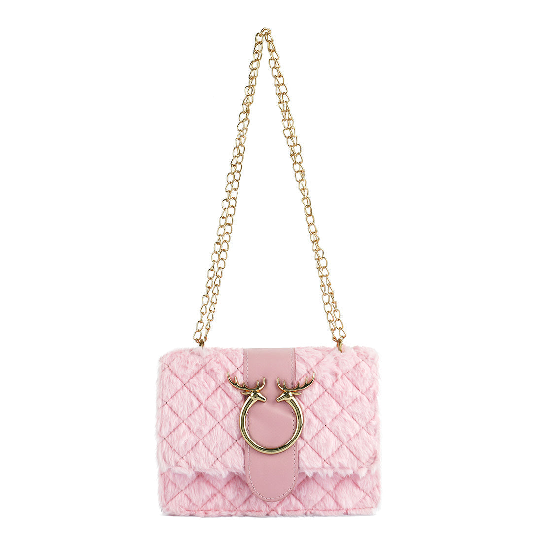 Pink quilted handbag with gold chain strap on a white background