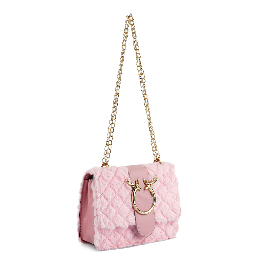 Pink quilted handbag with gold chain strap and decorative ring on a white background
