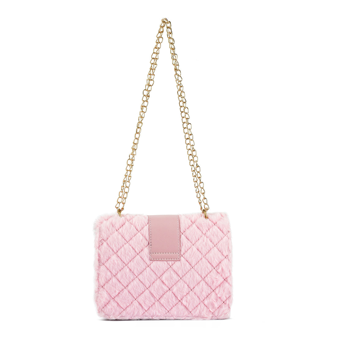 Pink quilted handbag with a gold chain strap on a white background