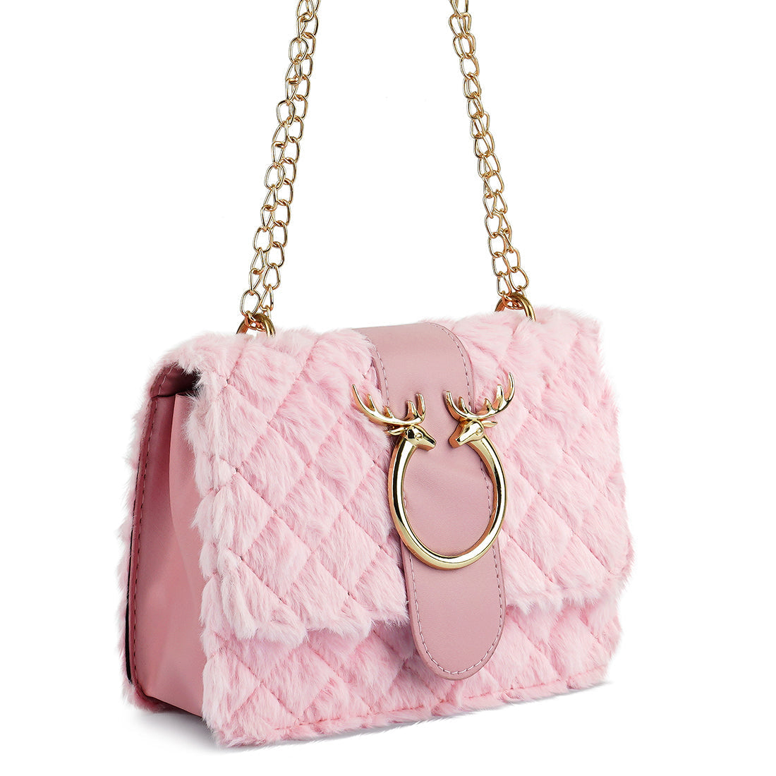 Pink textured handbag with gold chain strap and deer head clasp on a white background