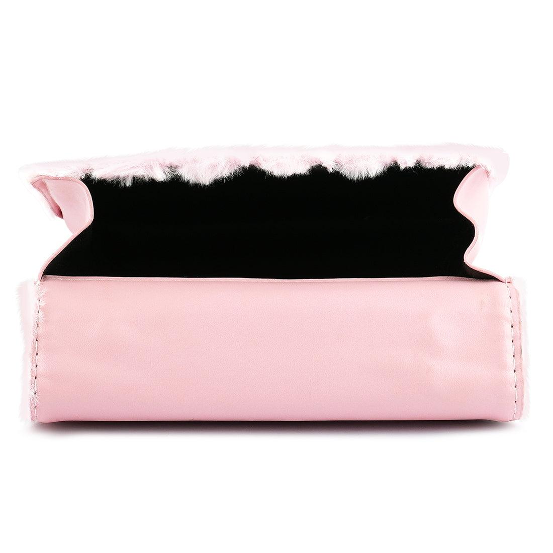 Pink pet bed with black cushion on a white background