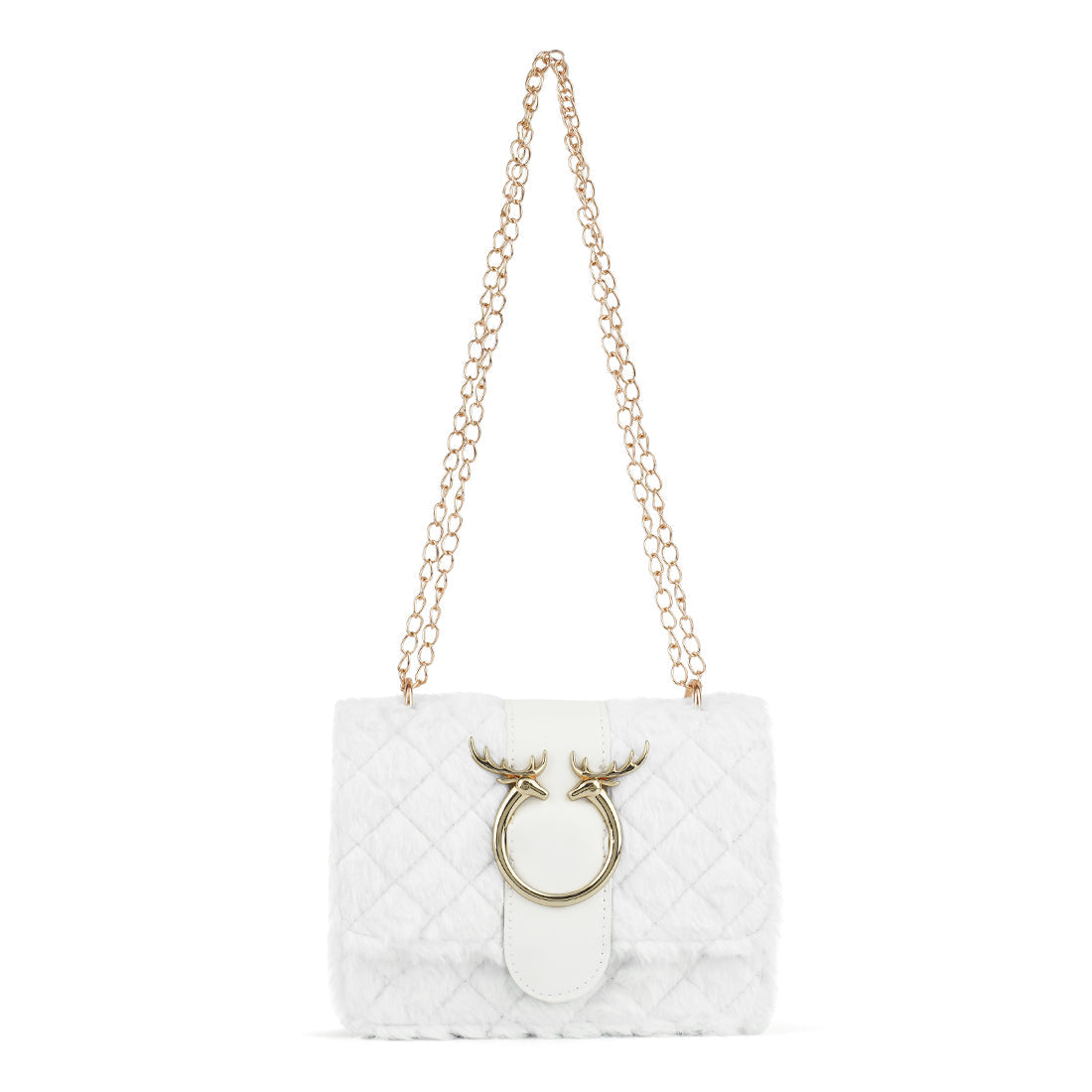 White quilted handbag with gold chain strap and clasp on a white background