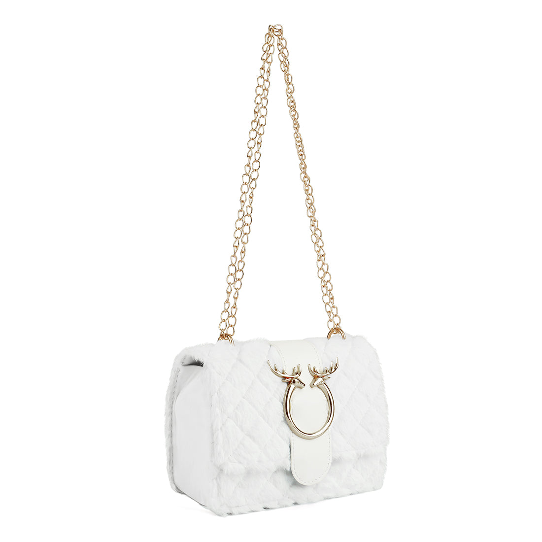 White fur handbag with gold chain strap on a white background
