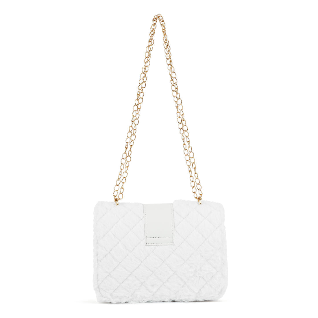 White quilted handbag with a gold chain strap on a white background