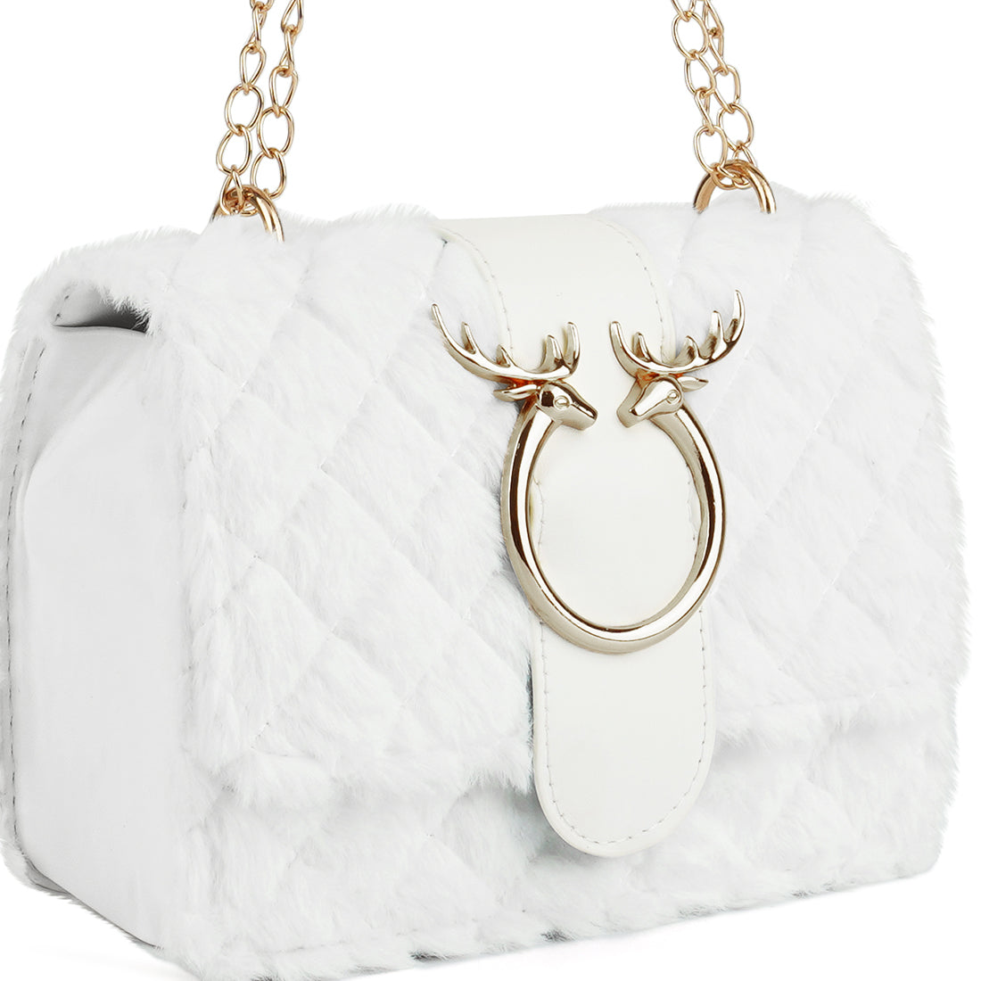 White fur handbag with gold chain and reindeer antler design on a white background