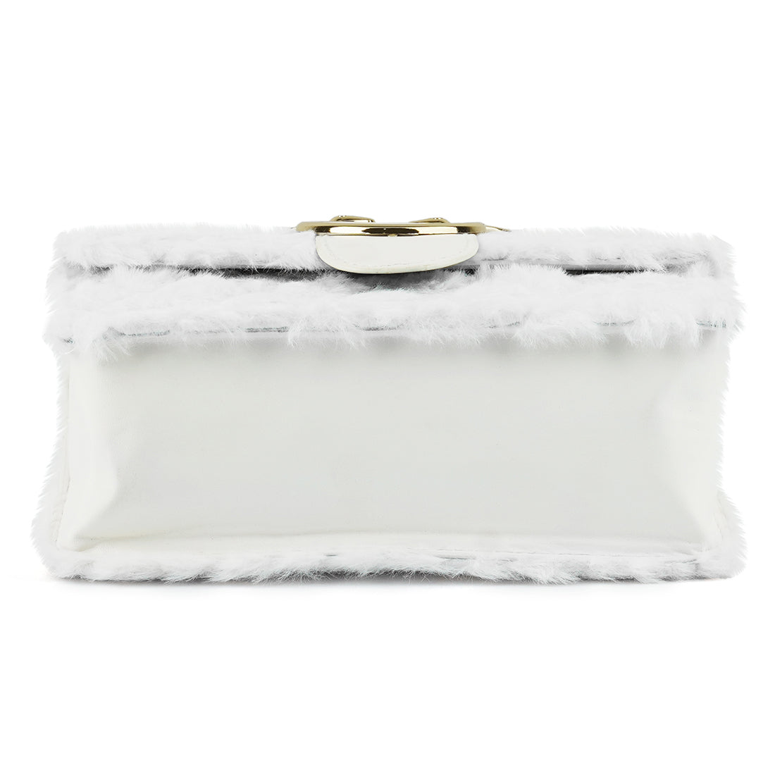 White fur clutch bag with gold clasp on a white background
