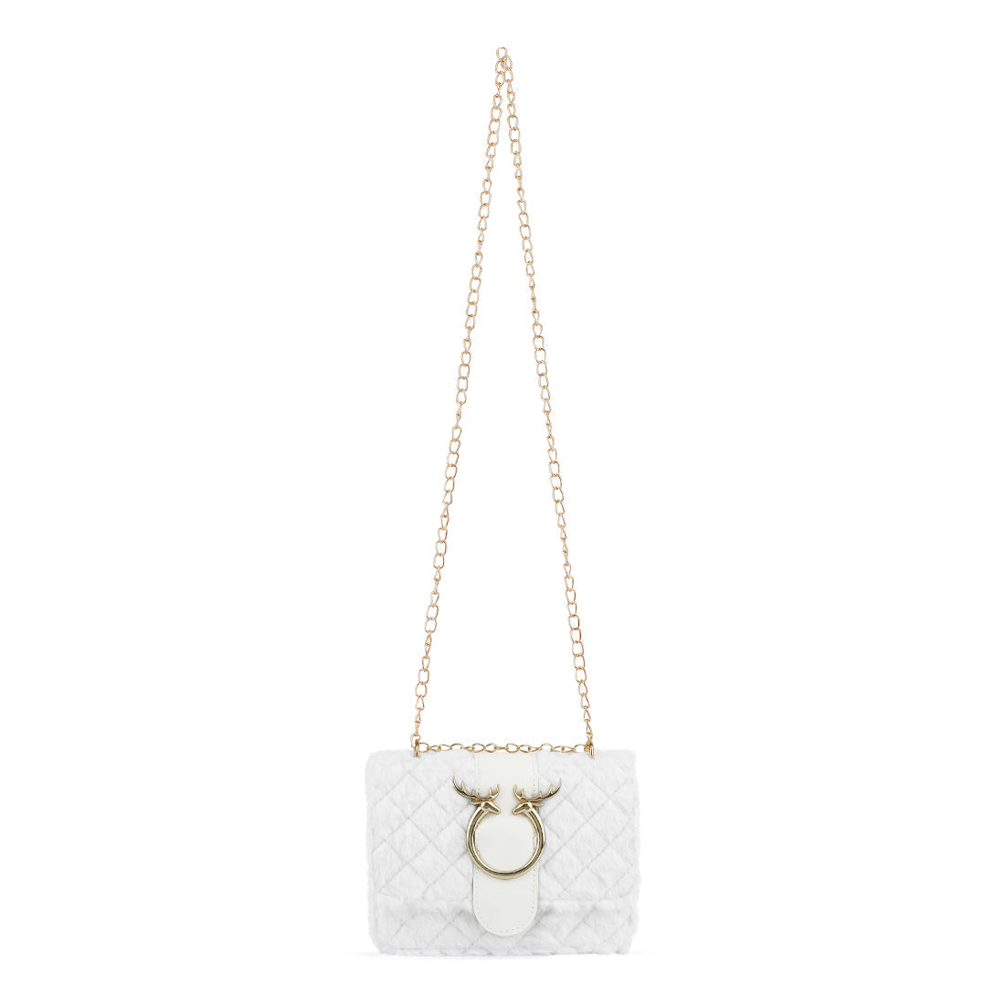 White quilted handbag with a gold chain strap on a white background