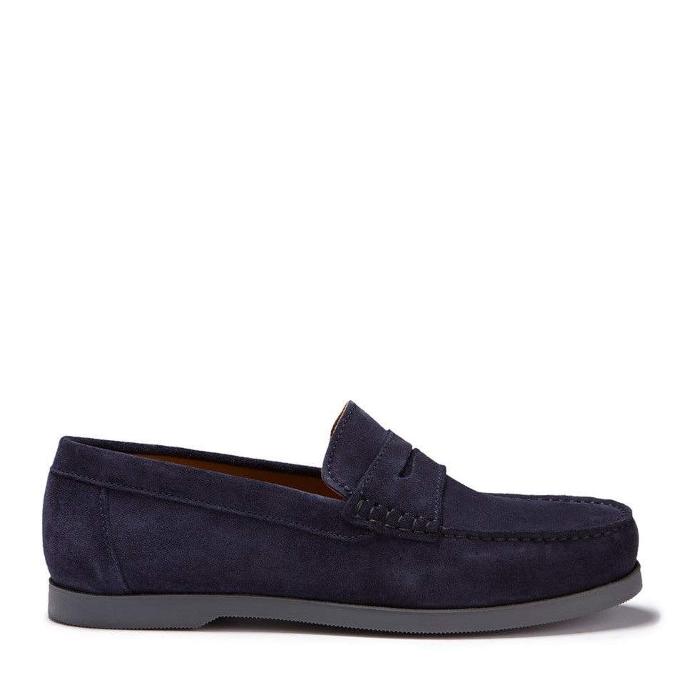 Navy Blue Suede Penny Loafers - Men's Boat Sole