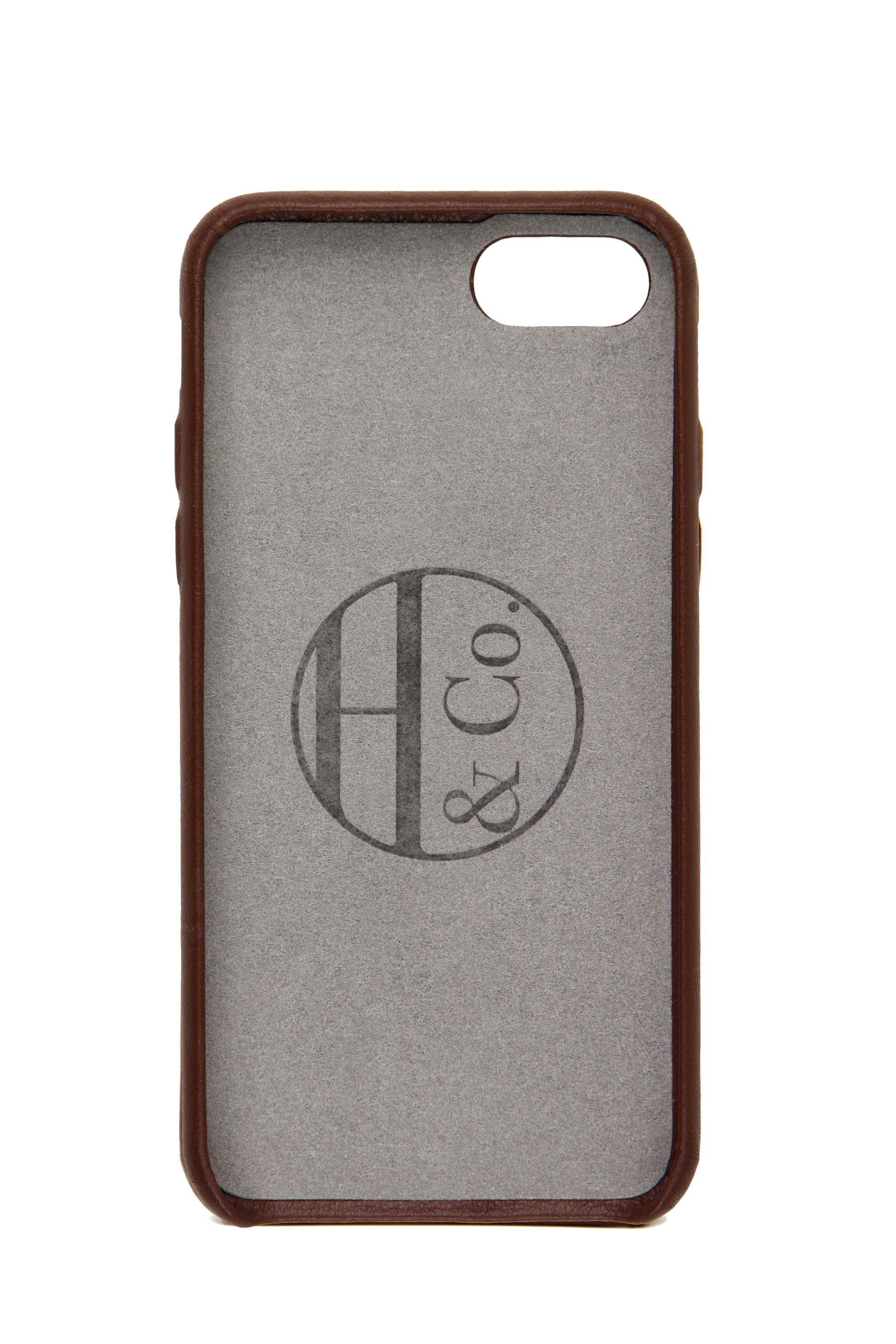 Phone case with 'H & Co' monogram on a gray background