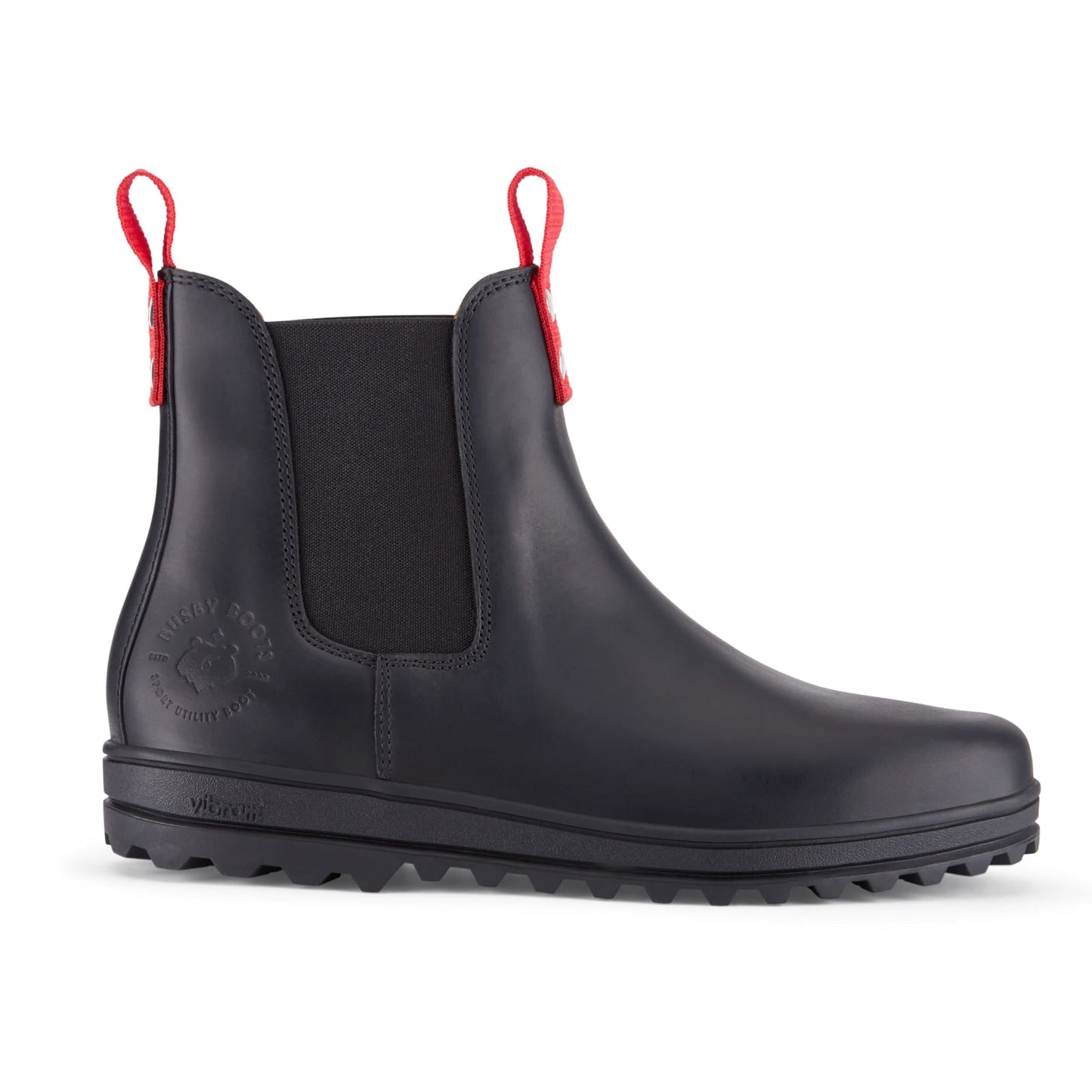 Black rain boot with red pull handles on a white background