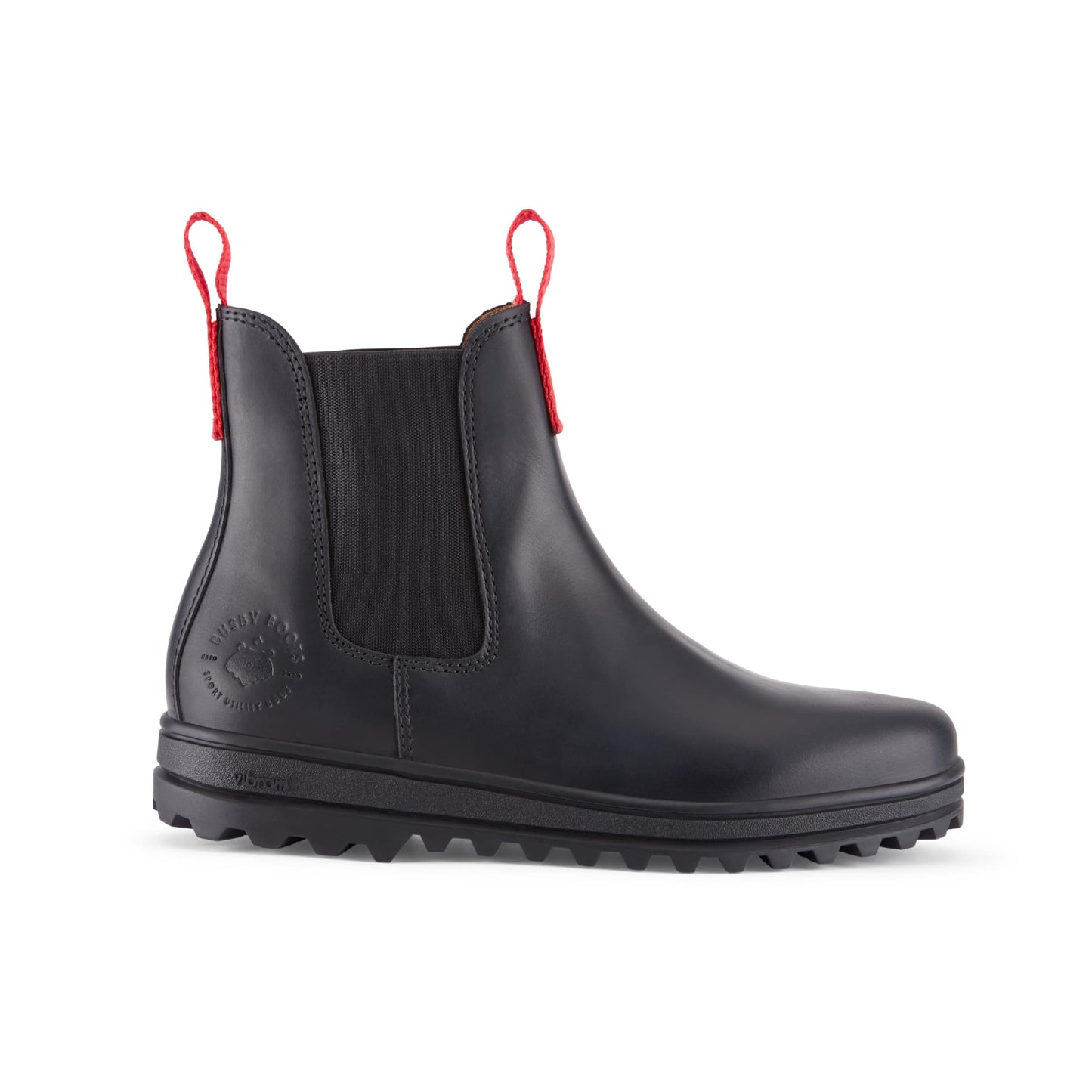 Black rain boot with red pull handles on a white background