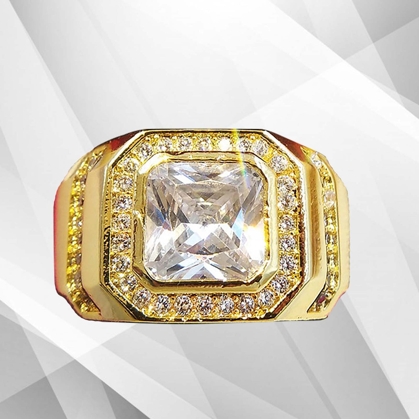 Gold ring with a large diamond and smaller diamonds on a white background