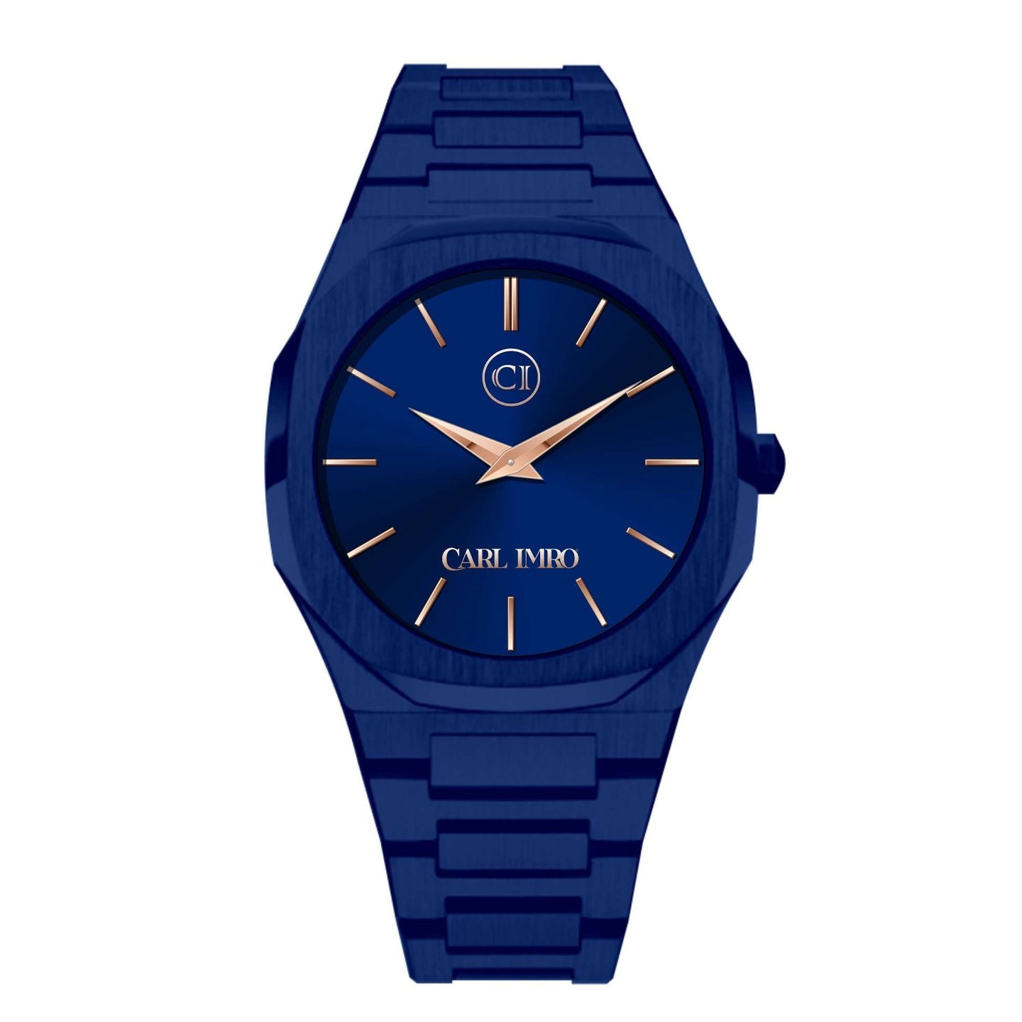 Blue watch with gold accents on a white background