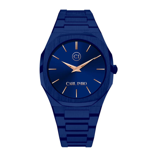 Blue watch with gold accents on a white background
