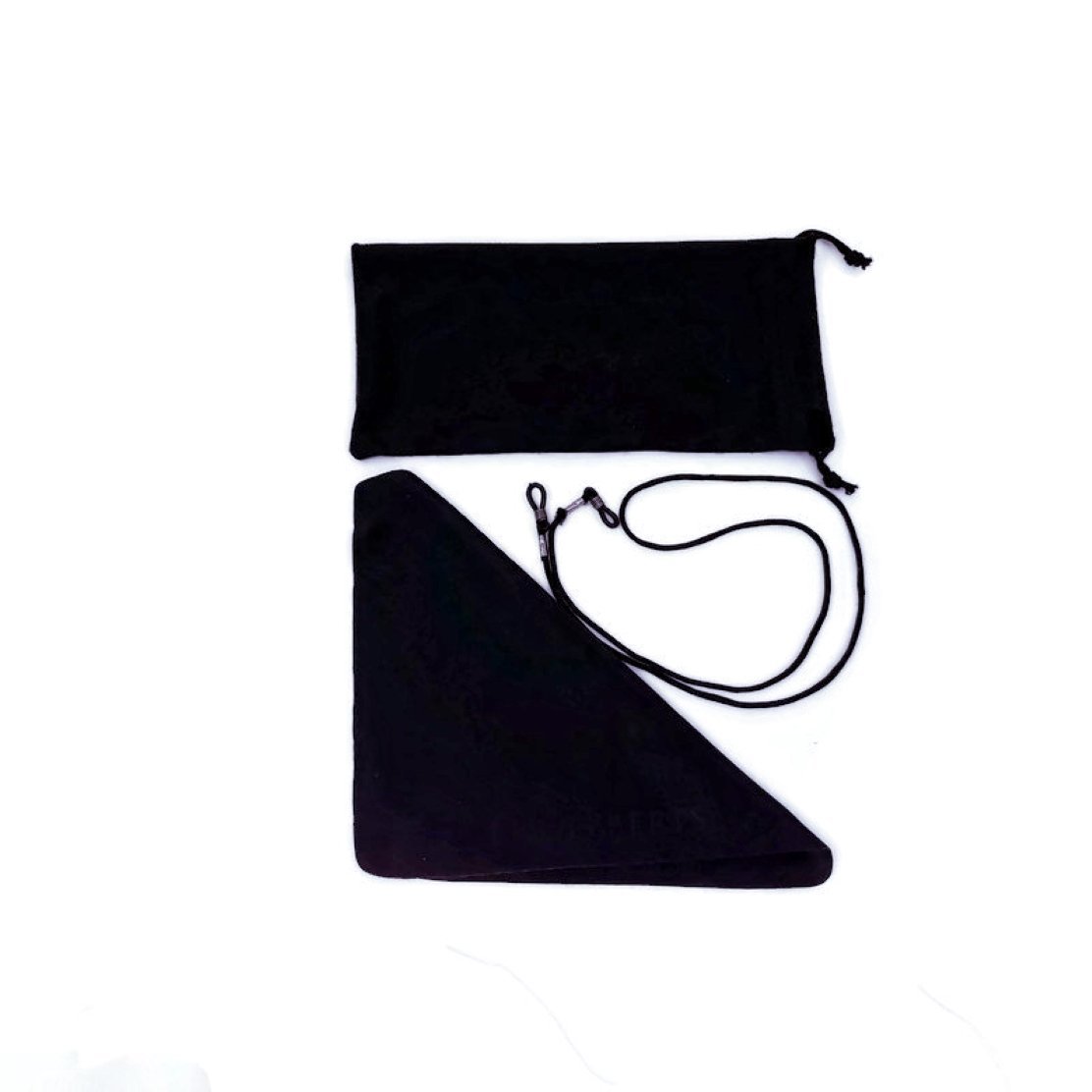 Black drawstring bag with a white lanyard on a white background