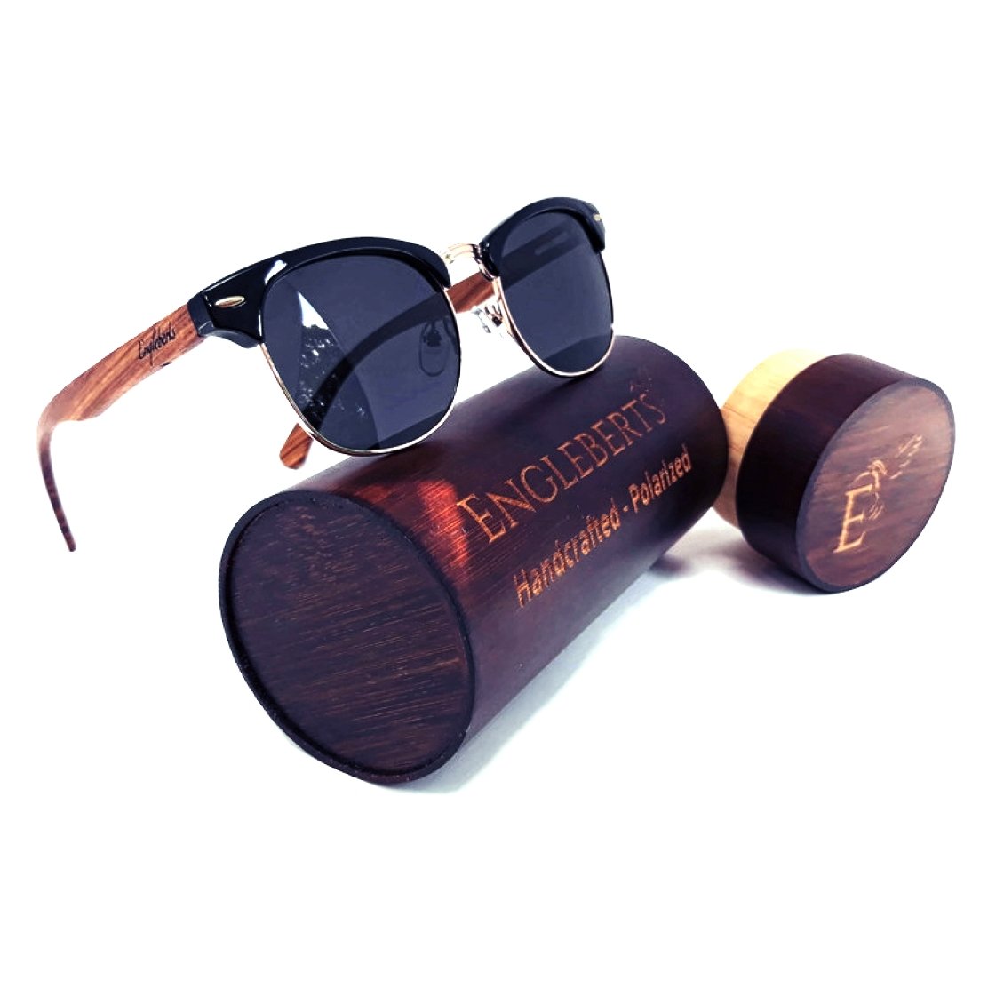 Sunglasses with wooden frame and case on a white background, featuring the brand 'Engleberts'.