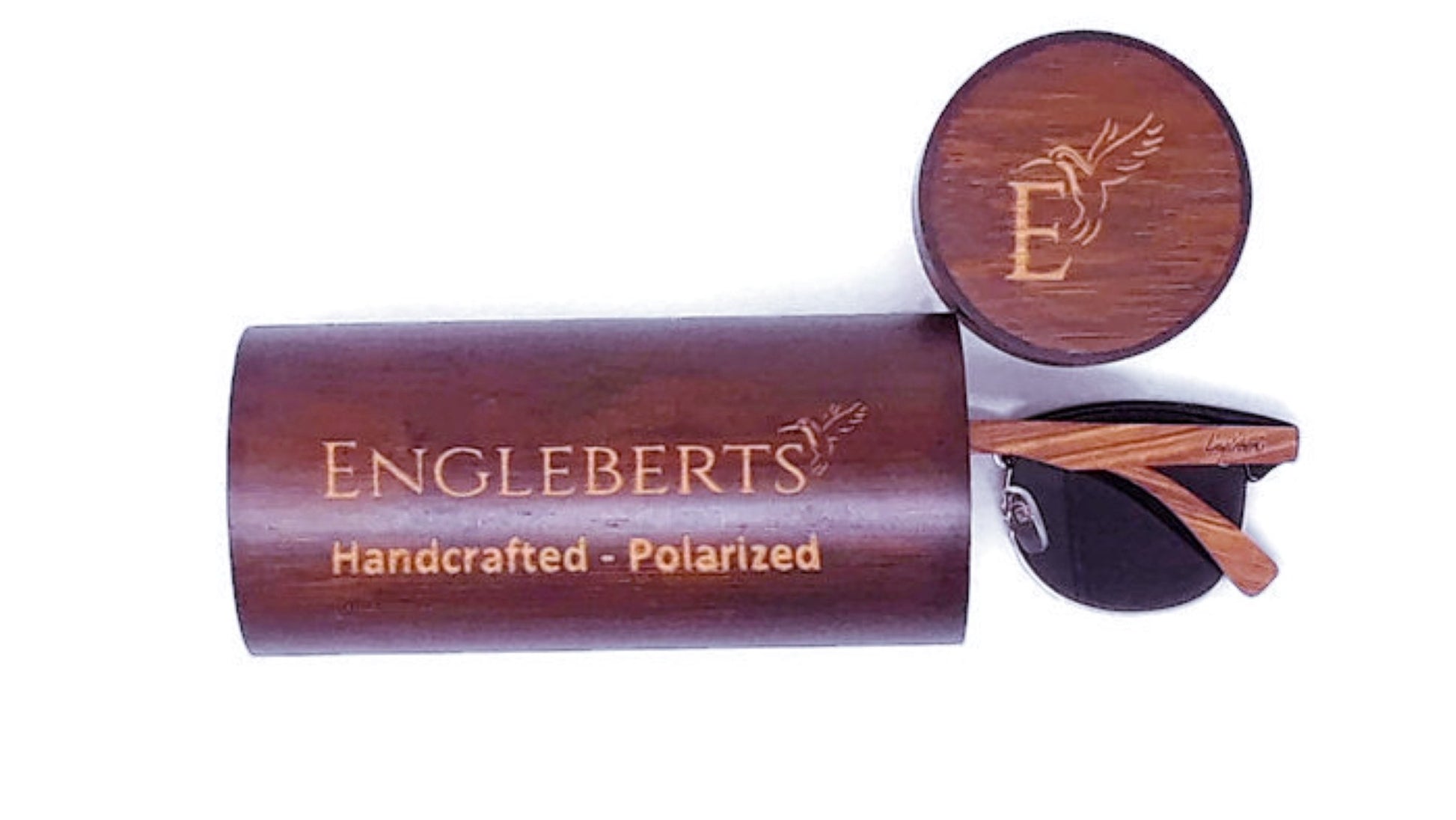 Wooden sunglasses case with 'Engleberts' branding on a white background