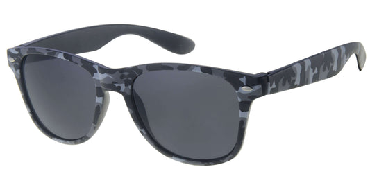 Sunglasses with gray camouflage frame and dark lenses on a white background