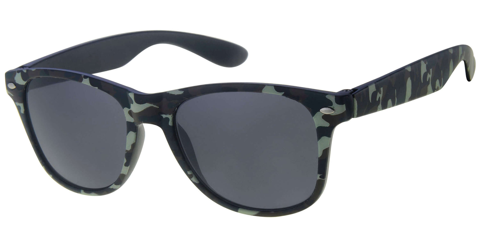 Sunglasses with camouflage frame and dark lenses on a white background
