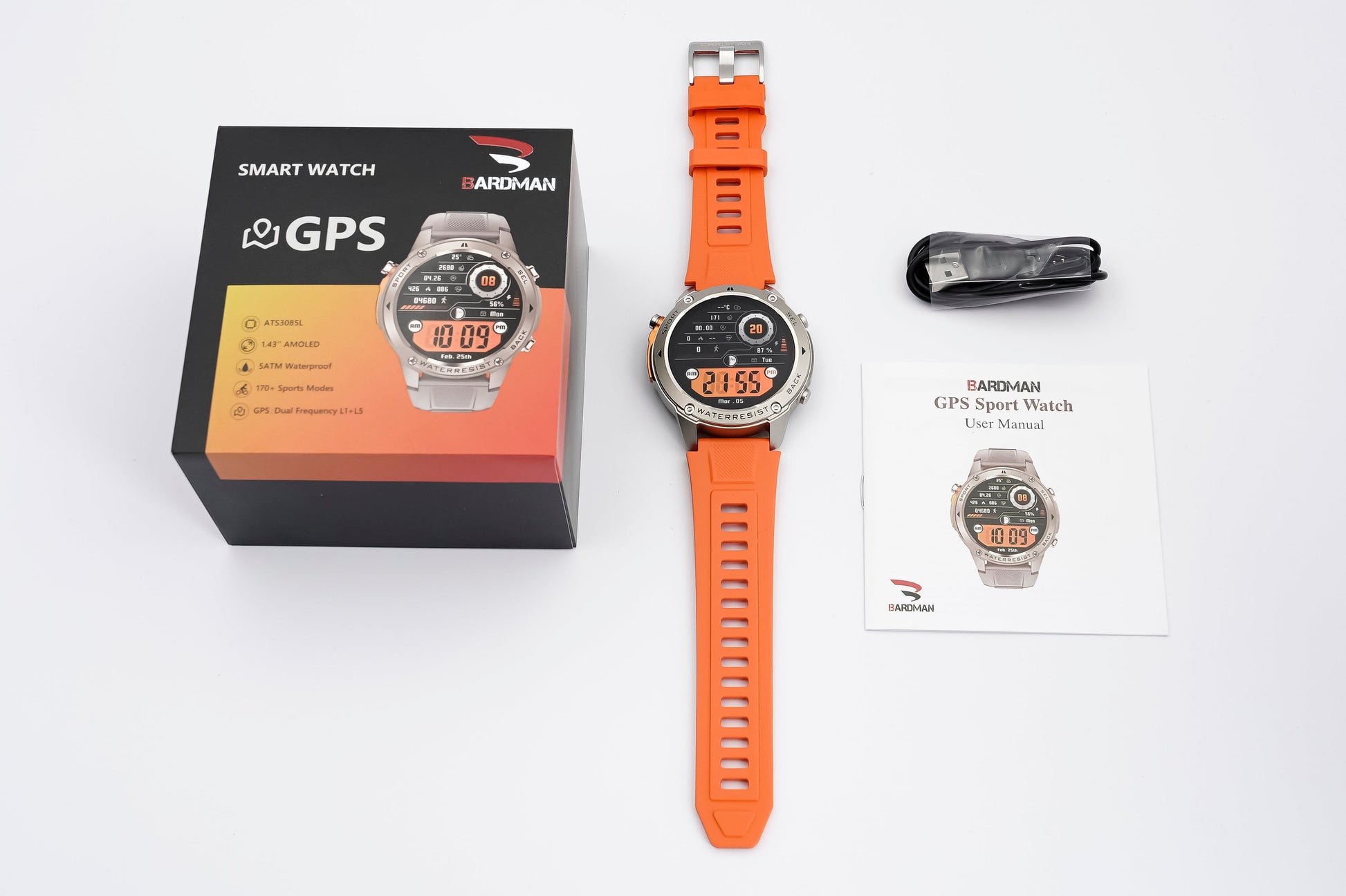 Smartwatch with orange strap and packaging on a white background