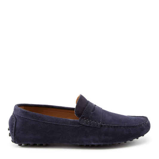 Navy blue loafer shoe on a white background