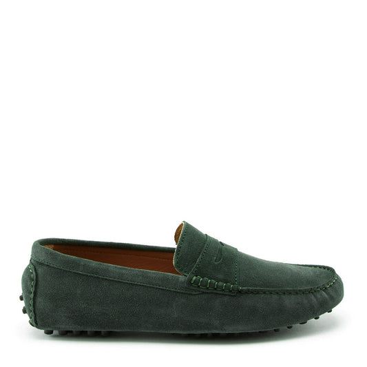 Green suede loafer shoe on a white background