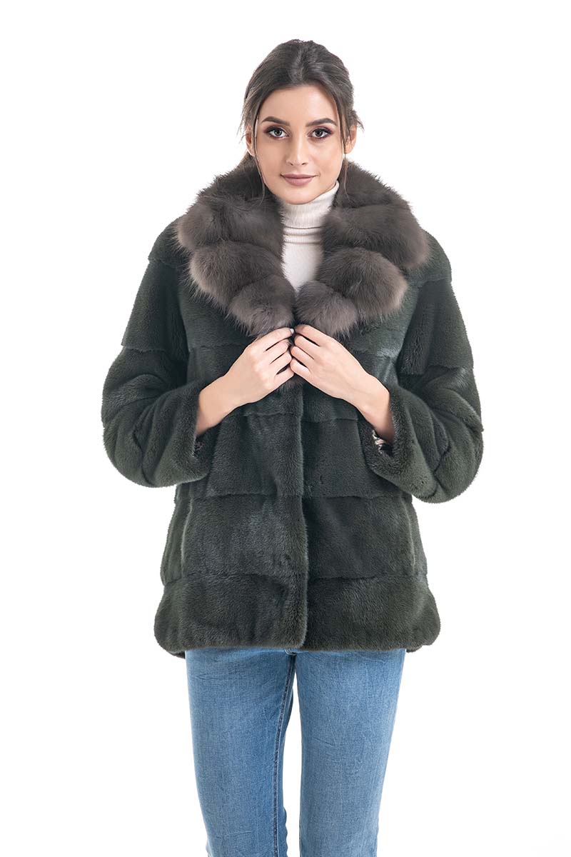 Olive Mink Fur Coat with Marten Collar - Luxury