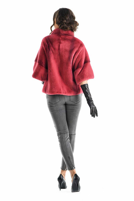Pink Genuine Mink Fur Coat - Short Sleeve