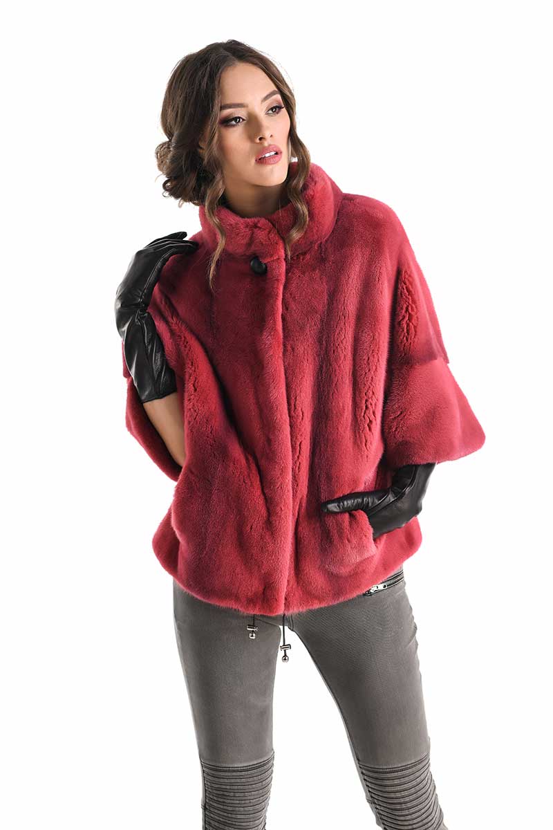 Pink Genuine Mink Fur Coat - Short Sleeve