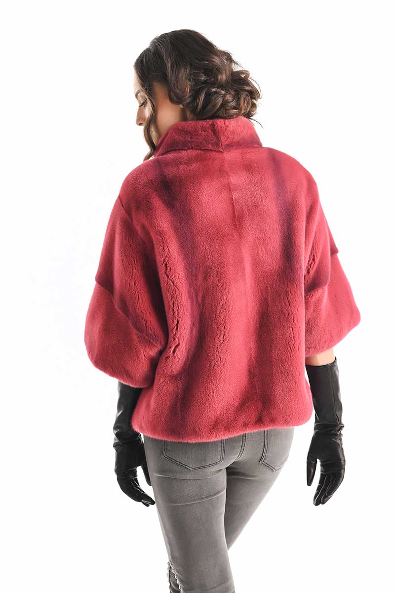 Pink Genuine Mink Fur Coat - Short Sleeve
