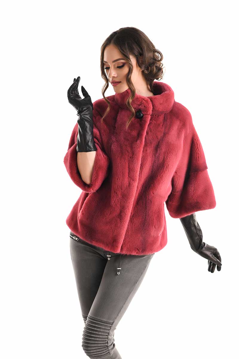 Pink Genuine Mink Fur Coat - Short Sleeve
