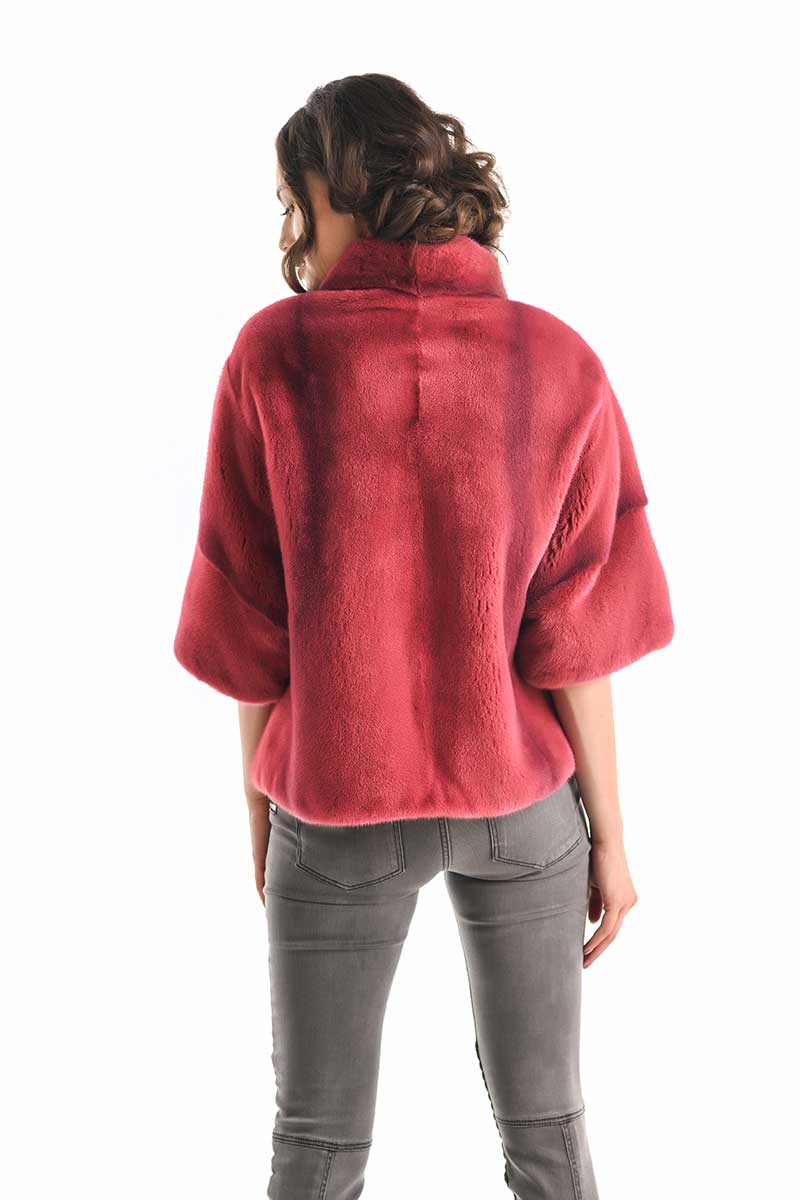Pink Genuine Mink Fur Coat - Short Sleeve