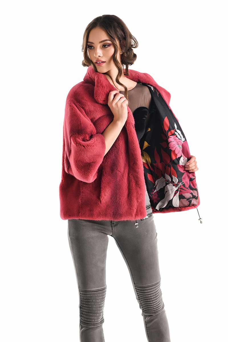 Pink Genuine Mink Fur Coat - Short Sleeve