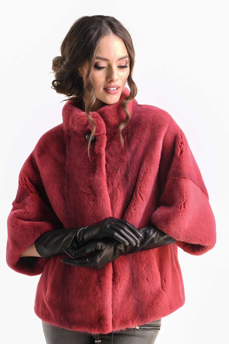 Pink Genuine Mink Fur Coat - Short Sleeve