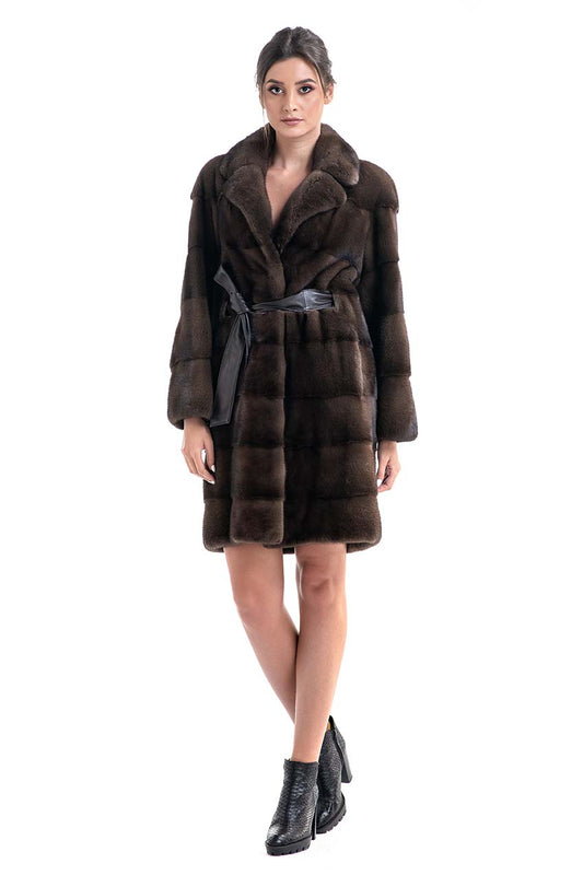 Brown Genuine Mink Fur Coat - Belted Waist