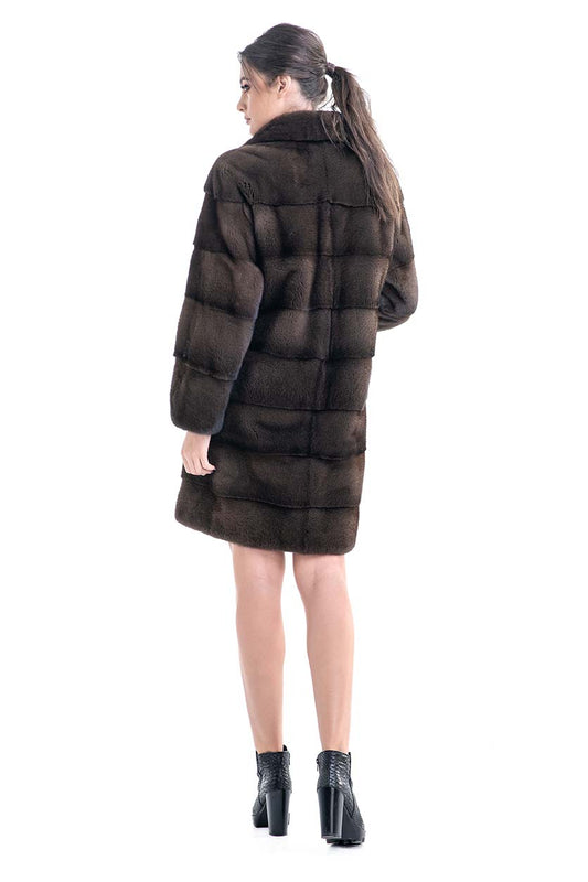 Brown Genuine Mink Fur Coat - Belted Waist