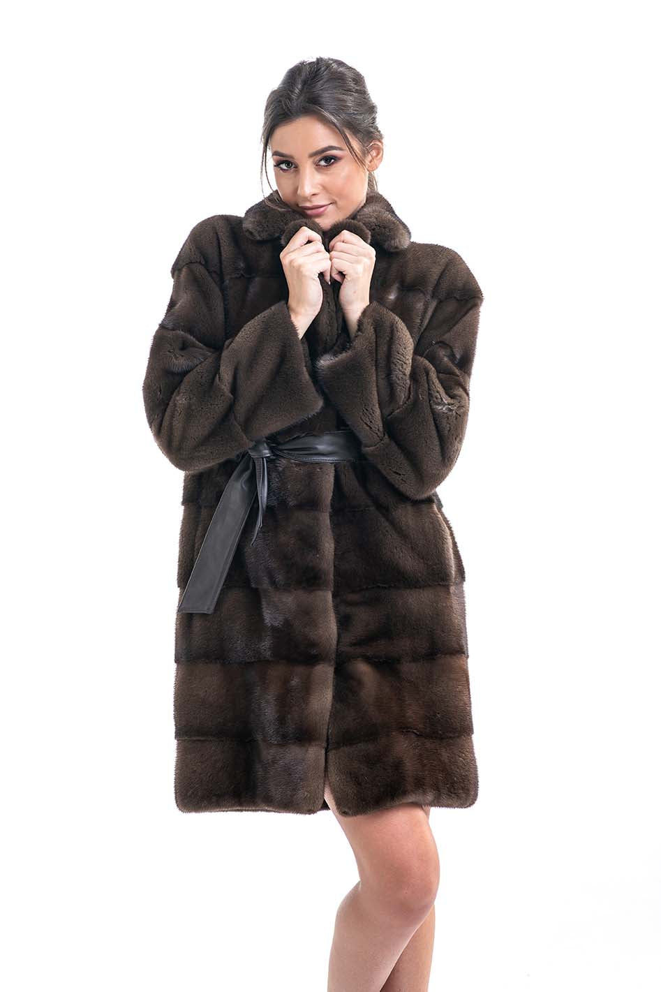 Brown Genuine Mink Fur Coat - Belted Waist