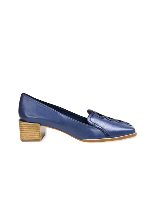 Blue shoe with a wooden heel on a white background