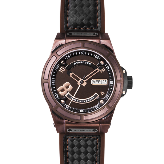 Watch with brown case and black strap on a white background