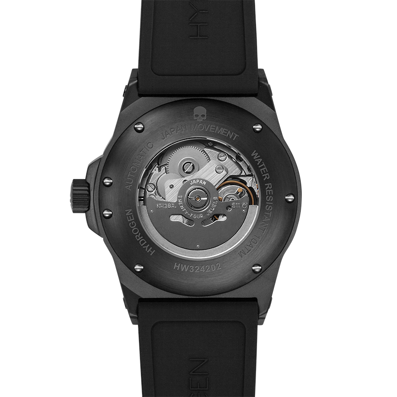 Black watch with visible mechanical components on a white background