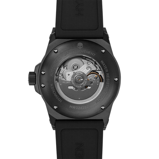 Black watch with visible mechanical components on a white background