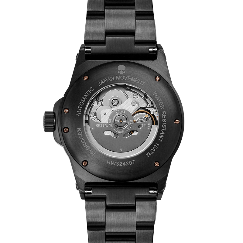 Black watch with mechanical components on a white background