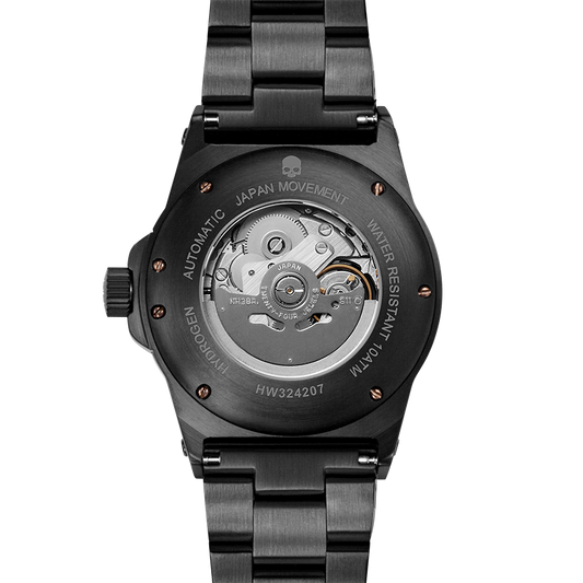 Black watch with mechanical components on a white background