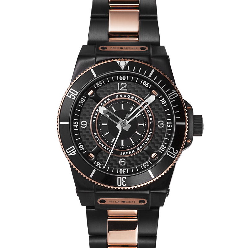 Black and rose gold watch with detailed design on a white background