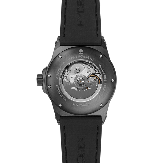 Black watch with visible mechanical components on a white background