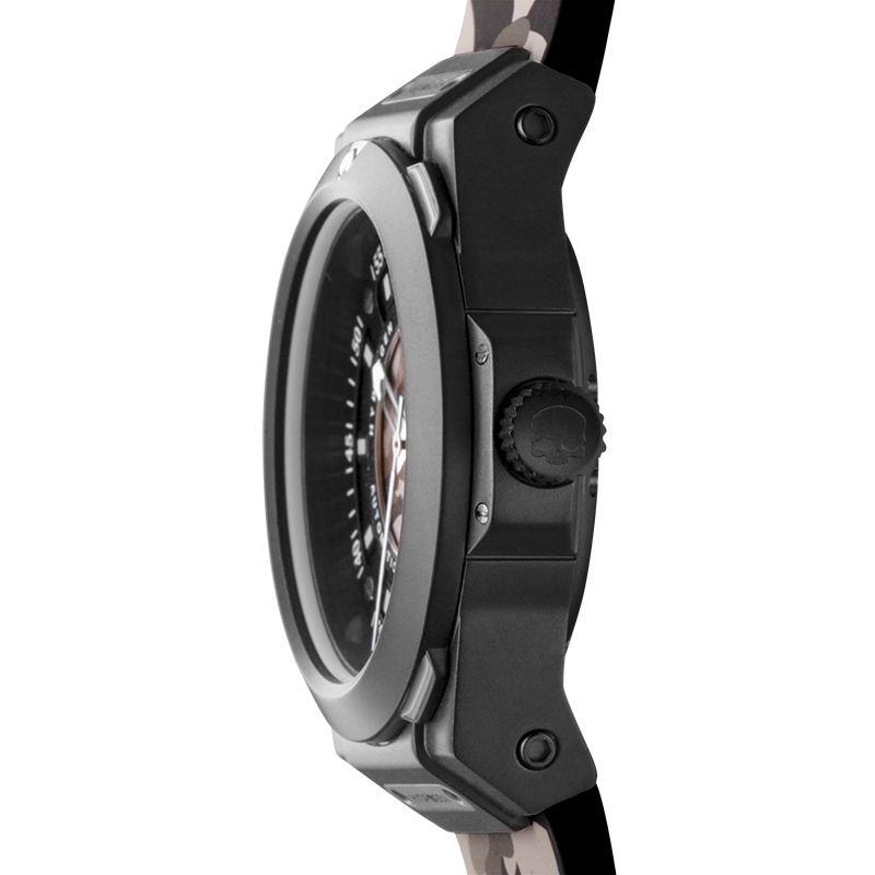 Close-up of a black watch with a detailed case on a white background