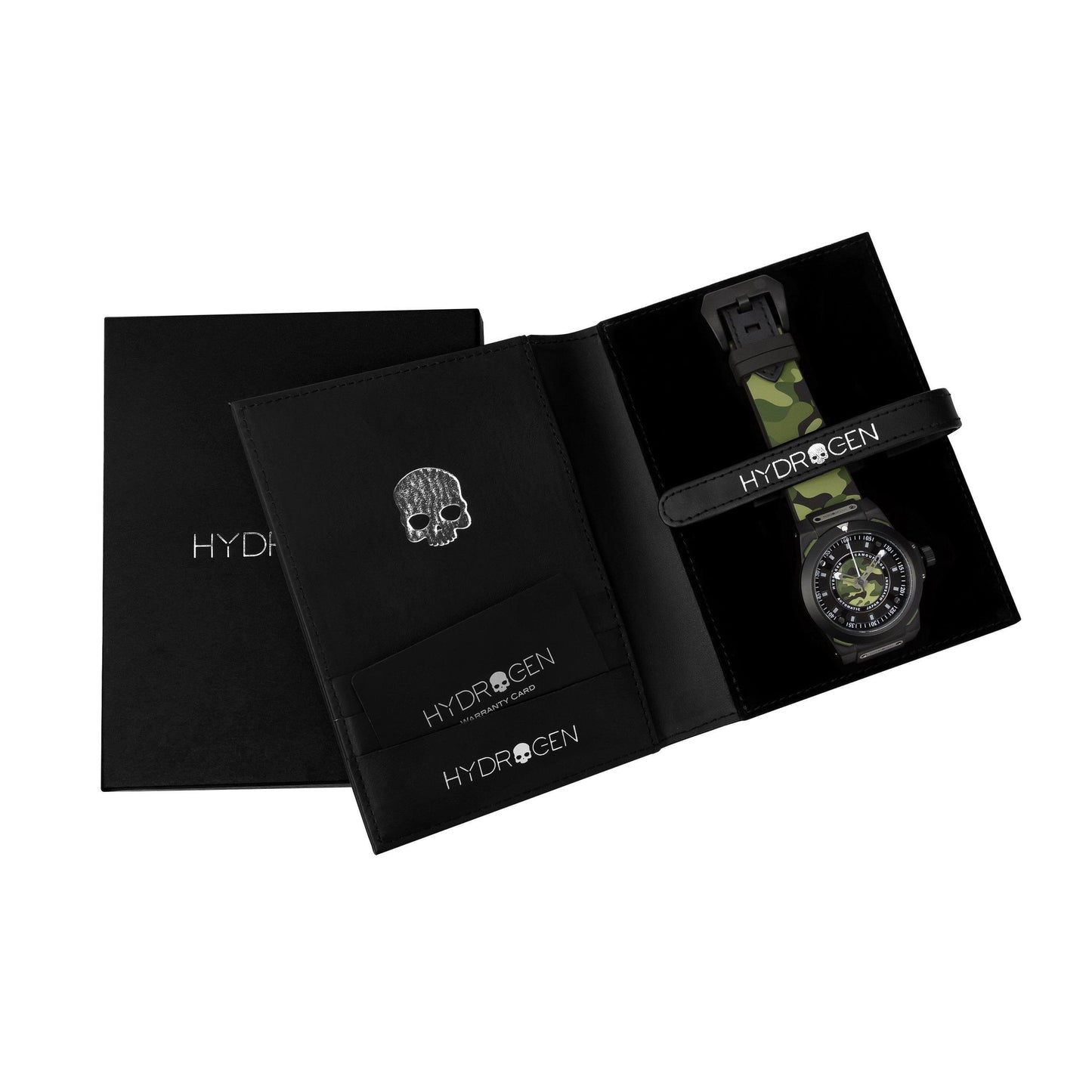 Black Hydrogen watch box with a watch inside on a white background